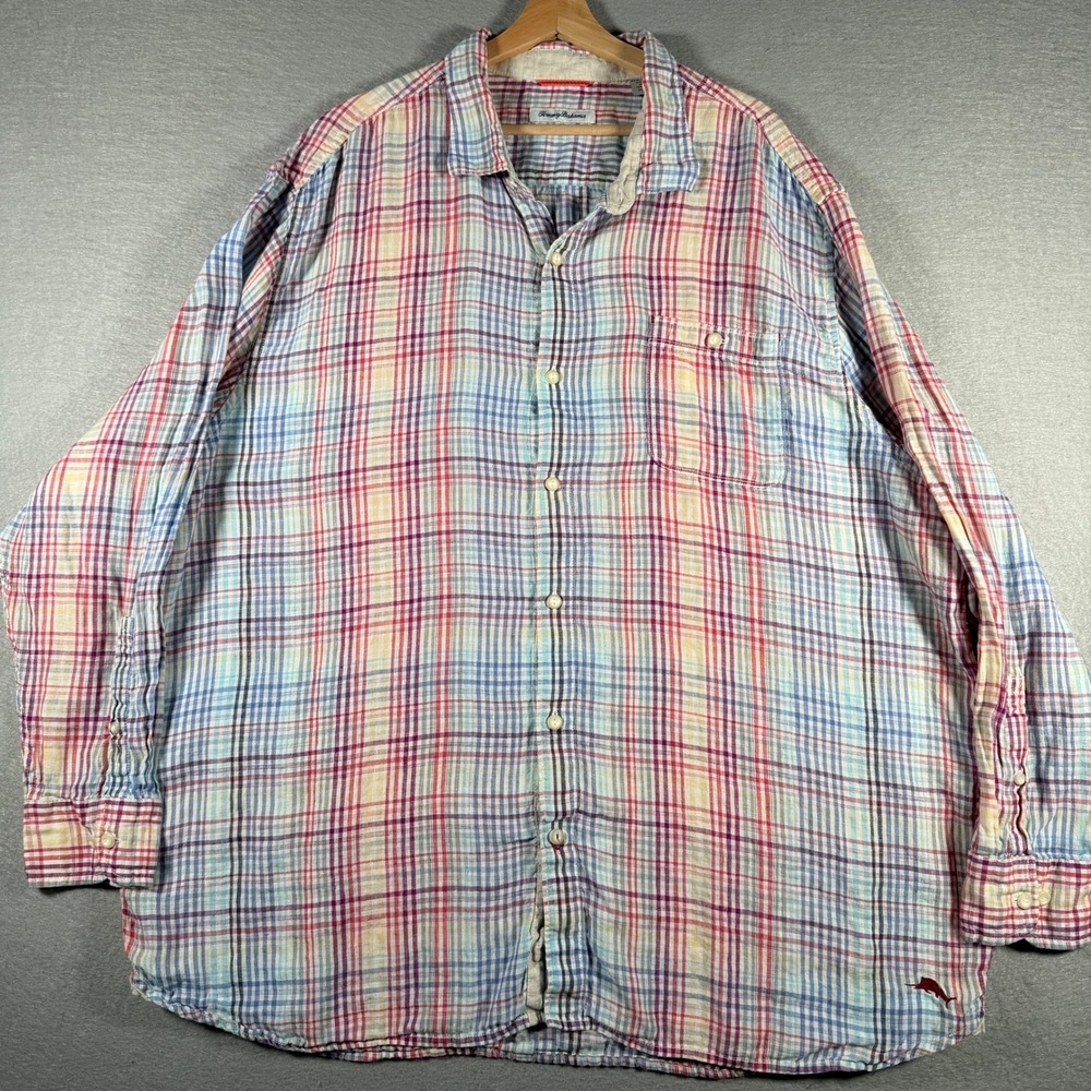 Tommy Bahama Mens XXL Tall 100% Linen Plaid Long‎ Sleeve Button Down Shirt Multi